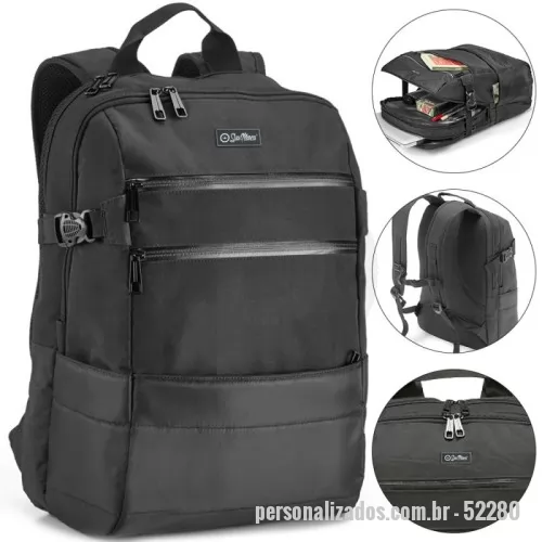 Mochila para notebook personalizada - A mochila ideal para quem busca praticidade e proteção! Confeccionada em 840D jacquard, oferece durabilidade e resistência. Seu compartimento posterior é totalmente forrado e conta com divisórias almofadadas para acomodar um notebook de até 15.6'' e um tablet de 10.5''. Já o compartimento frontal possui diversos bolsos organizadores para seus itens essenciais. Para maior conforto, a mochila conta com 3 bolsos frontais, 2 bolsos laterais, parte posterior acolchoada, sistema de apoio para as costas e alças almofadadas. Com capacidade para até 25L, é a escolha perfeita para o seu dia a dia!