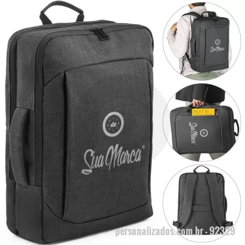 Mochila para notebook personalizada - A Mochila Híbrida 2 em 1 em 600D é a combinação perfeita de praticidade e conforto. Com dois modos de transporte, você pode usá-la como mochila tradicional, com alças almofadadas ajustáveis e ocultáveis, ou como uma pasta prática, com uma pega reforçada para maior conforto. Seu design inteligente inclui dois compartimentos principais: um com divisória almofadada para notebook de até 15,6