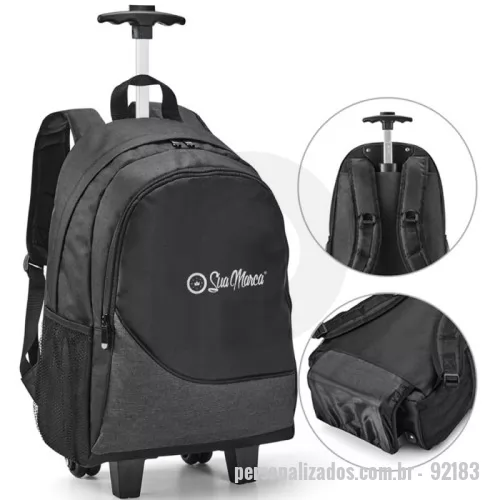 Mochila para notebook personalizada - Mochila trolley personalizada para notebook fabricada em tecido resistente. Conta com duas rodas duplas para facilitar o transporte. O compartimento principal é forrado e almofadado, incluindo uma divisória específica para notebooks de até quinze polegadas e seis décimos. Possui dois bolsos laterais em tela respirável, protetor para as rodas, alças acolchoadas para maior conforto e uma pega extensível em alumínio com mecanismo de mola. Capacidade total de dezessete litros.