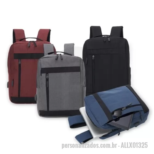 Mochila para notebook personalizada - Mochila de nylon 21 litros com três compartimentos, sendo o principal com bolso para notebook de até 15,6 polegadas. Com divisórias internas para acessórios, a mochila possui bolso lateral e suporte externo usb.