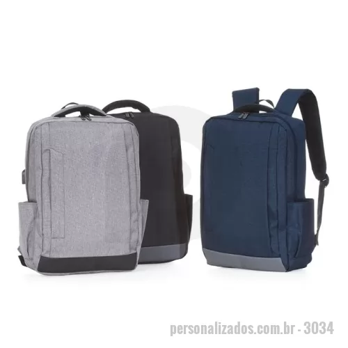 Mochila para notebook personalizada - Mochila de nylon 27 litros com dois compartimentos, sendo o principal com bolso para notebook 15,6. Com divisórias internas para acessórios, a mochila possui bolsos laterais, suporte externo usb, duas alças de mãos e alça para engate em malas de viagem.  Altura :  41cm  Largura :  30 cm  Profundidade :  11 cm