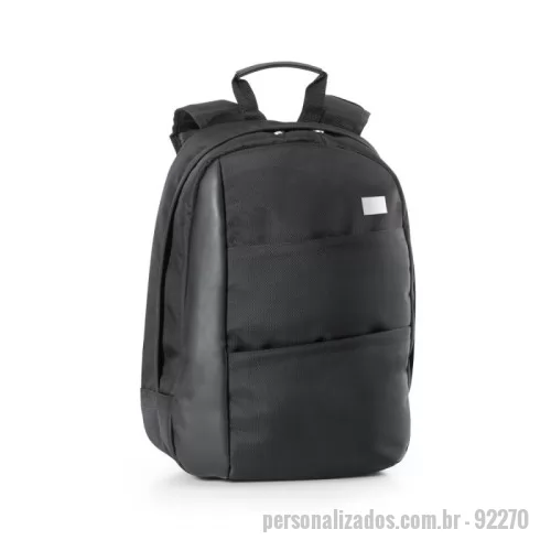 Mochila para notebook personalizada - Mochila para notebook em 1680D e c. sintético. Compartimento com divisória almofadada para notebook até 15.6''. Interior forrado e almofadado. Contém diversos bolsos interiores. A mochila tem 2 bolsos frontais e placa metálica personalizável. A parte posterior é almofadada e tem sistema de apoio acolchoado para as costas e alças almofadadas. Capacidade até 17 L. 340 x 450 x 130 mm | Placa: 40 x 20 mm