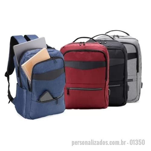 Mochila para notebook personalizada - Mochila de nylon 22 Litros com detalhes em couro sintético e três compartimentos, sendo o principal com bolso para notebook 15,6. Mochila possui bolso lateral e suporte externo usb.