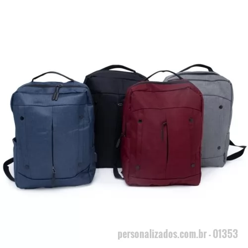 Mochila para notebook personalizada - Mochila de nylon 21 Litros com dois compartimentos, sendo o principal com bolso para notebook 15,6. Com divisórias internas para acessórios, a mochila possui bolso lateral, suporte externo USB e alça para engate em malas de viagem.