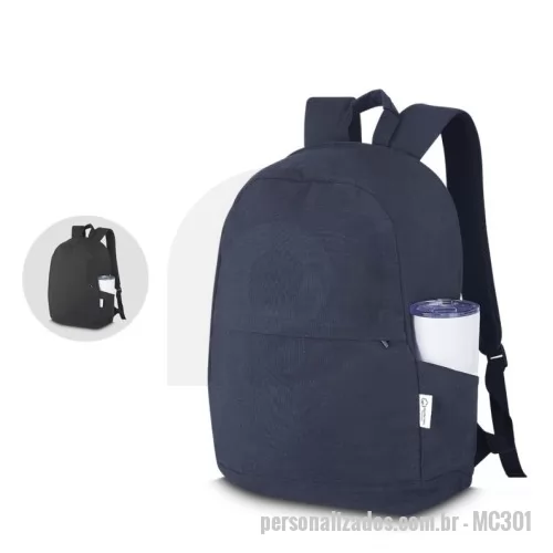 Mochila para notebook personalizada - Mochila para notebook em algodão reciclado 340 g/m2.  Parte externa: Bolso frontal com zíper; Alça de mão e ombro; Engate para mala de viagem; Bolso lateral;  Parte interna: Compartimento para Notebook, Tamanho total do Notebook - 15,6