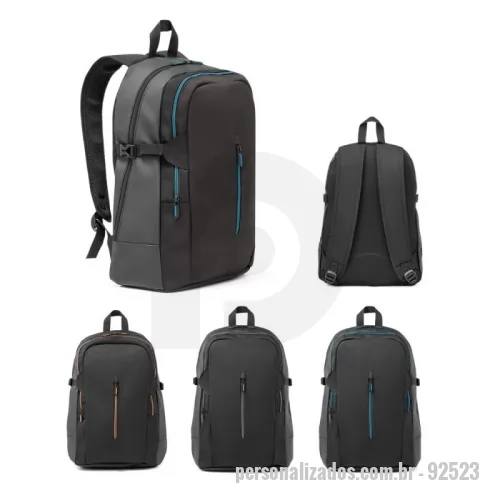 Mochila para notebook personalizada - Mochila para notebook em 900D e c. sintético com 2 compartimentos principais e bolso frontal. O compartimento posterior é forrado e tem divisória almofadada para notebook até 15,6