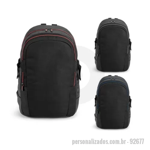 Mochila para notebook personalizada - Mochila para notebook em 900D e c. sintético com 2 compartimentos. Compartimento posterior forrado, com divisória almofadada para notebook até 17'' e bolso em tela, com zíper. Compartimento frontal forrado, com diversos bolsos interiores. Parte posterior e alças almofadadas. Capacidade até 18 L. 330 x 450 x 160 mm
