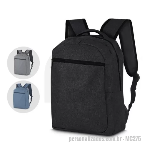 Mochila para notebook personalizada - Mochila p/ Notebook em tecido poliéster 300D  Parte externa: Bolso frontal com zíper; Alça de mão e ombro;  Parte interna: Compartimento para Notebook, Tamanho total do Notebook - 15,6