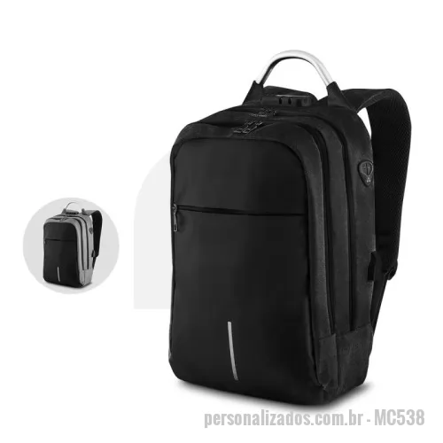 Mochila para notebook personalizada - Mochila para notebook em tecido poliéster 50% Oxford e 50% PU e interior em poliéster 210D.  Parte externa: Possui fechamento em cadeado com segredo; Alça de mão em metal; Alça de ombro acolchoada; Mini bolso na alça de ombro; Fita refletiva noturna. Engate para mala da viagem; Bolso frontal grande.Saída USB e fone de ouvido.  Parte interna: Divisórias internas para canetas, documentos e telefone celular.  Compartimento acolchoado para notebook, 43x27cm.  Tamanho total do Notebook - 15.6