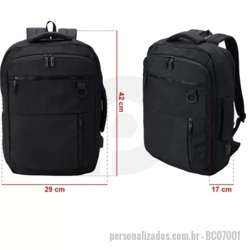 Mochila para notebook personalizada - Mochila confeccionada em Nylon 20 Litros com 4 compartimentos, sendo o principal com bolso para notebook 15,6. Possui um bolso externo, bolsos e divisórias internas para acessórios, a mochila possui suporte externo USB, alça com bolso integrado para cartões, alça para engate em malas de viagem e duas alças de mãos, sendo um delas para o transporte da mochila no formato pasta. Não acompanha carrinho de mão.