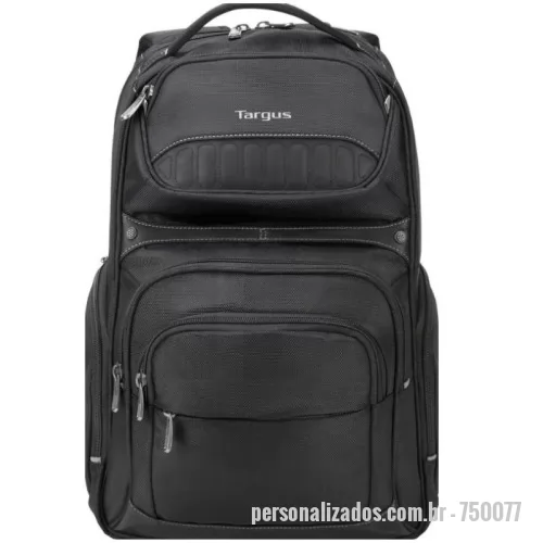 Mochila para notebook personalizada - Ela é especialmente desenvolvida para o transporte de notebook de até 15.6” e seus acessórios, ela também possui compartimento para transporte de cadernos, documentos, possui vários compartimentos para levar MP3 Player, celular e outros e possui alças reforçada e compartimento para o notebook acolchoado para aumentar a segurança no transporte de seu equipamento.  • Compartimento acolchoado para notebook de até 15.6”, com divisória para documentos ou pasta • Abertura principal com fechamento com dois zíperes com pequeno suporte para celular e com saída de ouvido • Alça acolchoadas para os ombros • Alça macia para as mãos • Bolso frontal médio superior com zíper para agenda eletrônica e outros acessórios • Bolso frontal médio inferior com dois zíperes com suportes pequenos, suporte para cartões e prendedor de chaves • Bolso frontal pequeno inferior com dois zíperes para pequenos acessórios • Bolsos laterais com zíper para pequenos acessórios.