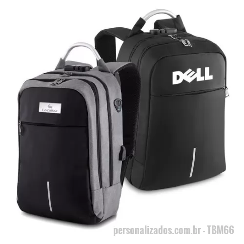 Mochila para notebook personalizada - Mochila para notebook, possui fechamento em cadeado com segredo, alça de mão em metal, fita reflexiva com um bolso frontal divisórias internas para canetas, documentos e telefone celular, alça almofadada, saída usb e fone de ouvido