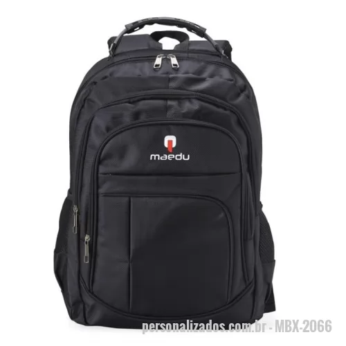 Mochila para notebook personalizada - Mochila de nylon 30 litros com quatro compartimentos, sendo o principal com bolso para notebook 15,6. A mochila possui bolsos laterais em malha, duas alças de mãos e área costada com revestimento espumado.  Altura :  46 cm  Largura :  32 cm