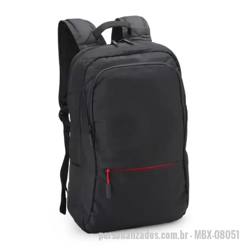 Mochila para notebook personalizada - Mochila feita de nylon, com tecido resistente a água e até 24 litros de capacidade em seu interior. Possui 3 compartimentos, sendo o principal com bolso para notebook de até 17 polegadas. Com divisórias internas para acessórios, a mochila possui 1 bolso lateral e alça para encaixe em malas de viagens.