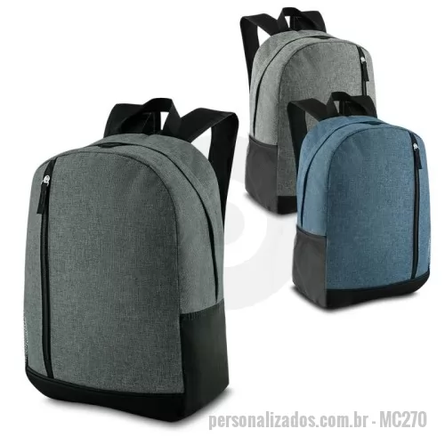 Mochila para notebook personalizada - Mochila em poliéster 600D e interior em 210D.  Parte externa: Um bolso lateral em malha. Compartimento frontal com ziper. Alça de mão.