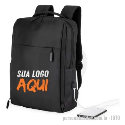 Mochila para notebook personalizada - Mochila para Note Book até 15 polegadas, Poliéster, alça ajustavél, Resistente a água, saída USB.  