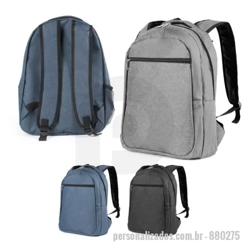 Mochila para notebook personalizada - 	Mochila p/ Notebook em tecido poliéster.  Parte externa: Bolso frontal com zíper; Alça de mão e ombro;  Parte interna: Compartimento para Notebook, Tamanho total do Notebook - 15,6?