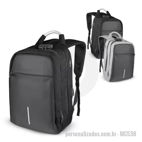 Mochila para notebook personalizada - Mochila para notebook em tecido poliéster 50% Oxford e 50% PU e interior em poliéster 210D.  Parte externa: Possui fechamento em cadeado com segredo; Alça de mão em metal; Alça de ombro acolchoada; Mini bolso na alça de ombro; Fita refletiva noturna. Engate para mala da viagem; Bolso frontal grande.Saída USB e fone de ouvido.  Parte interna: Divisórias internas para canetas, documentos e telefone celular.  Compartimento acolchoado para notebook, 43x27cm.  Tamanho total do Notebook - 15.6