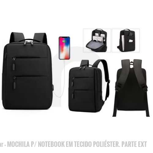 Mochila para notebook personalizada - Mochila para notebook Personalizada - MOCHILA P/ NOTEBOOK EM TECIDO POLIÉSTER. PARTE EXT - Mochila p/ Notebook em tecido poliéster. Parte externa: 2 Bolsos frontais com ziper; 1 Bolso lateral; Alça de mão e ombro acolchoadas, engate para mala de viagem Conector USB externo na lateral. Parte interna: Compartimento acolchoado p/ notebook de 39x27cm; Tamanho total do Notebook - 15,6¨ 2 Porta Objetos; 2 Porta Canetas. - 182352 - Mochila para notebook