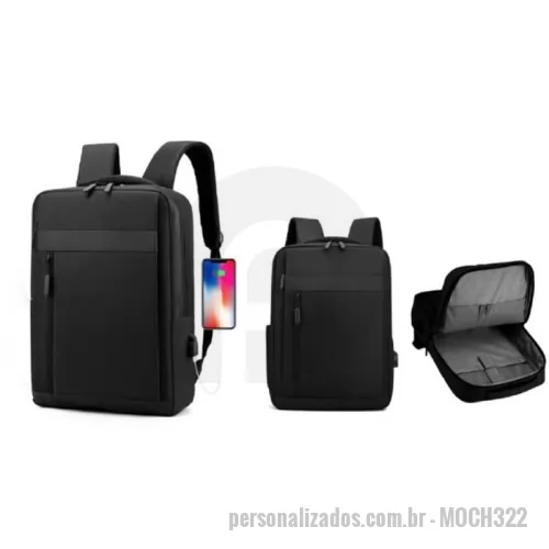 Mochila para notebook personalizada - Mochila para notebook Personalizada - MOCH322 - Mochila p/ Notebook em tecido poliéster. Parte externa: 2 Bolsos frontais com ziper; 1 Bolso lateral; Alça de mão e ombro acolchoadas, engate para mala de viagem Conector USB externo na lateral. Parte interna: Compartimento acolchoado p/ notebook de 39x27cm; Tamanho total do Notebook - 15,6¨ 2 Porta Objetos; 2 Porta Canetas. - 182353 - Mochila para notebook