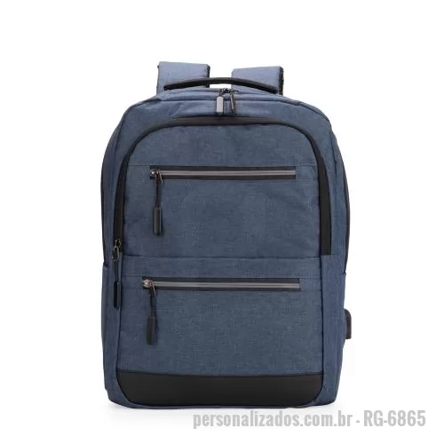 Mochila para notebook personalizada - Mochila em tecido Oxford impermeável com detalhes em couro sintético, capacidade 18 litros. Quatro bolsos pequenos, divisória acolchoada para notebook 15,6.