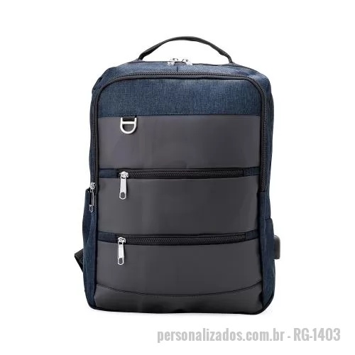Mochila para notebook personalizada - Mochila de nylon 23 Litros com detalhes em couro sintético e quatro compartimentos, sendo o principal com bolso para notebook 15,6.