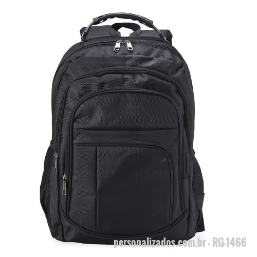 Mochila para notebook personalizada - Mochila de nylon 30 litros com quatro compartimentos, sendo o principal com bolso para notebook 15,6. Bolsos laterais em malha, duas alças de mão e área costada espumada.