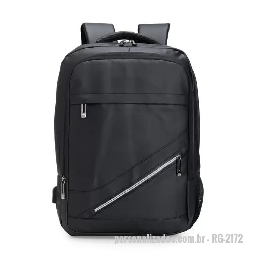 Mochila para notebook personalizada - Mochila em couro sintético impermeável, 26 litros. Compartimento principal com divisória para notebook 15,6, bolso lateral em malha, suporte USB.