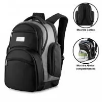 Mochila com porta NoteBook Personalizada. Produzida em Poliester • 4 Bolsos Frontais, Sendo: 01 Compartimento Térmico, 01 Bolso Médio, 02 Bolsos Pequenos • 2 Bolsos Laterais • 01 Bolso Central • 01 Bolso Traseiro com Porta Notebook Acolchoado • Alça de mão • Alça de ombro Acolchoada. Acompanha placa de metal 4,9L x 2,9A  para gravação em laser. Ideal para eventos corporativos e ações de marketing.