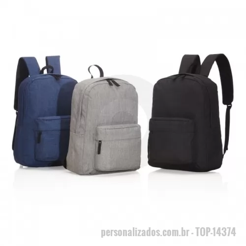 Mochila personalizada - Mochila de poliéster com compartimento principal superior e compartimento frontal, possui zíperes com pegadores de nylon, alça de mão em nylon e alças ajustáveis para as costas com revestimento espumado.