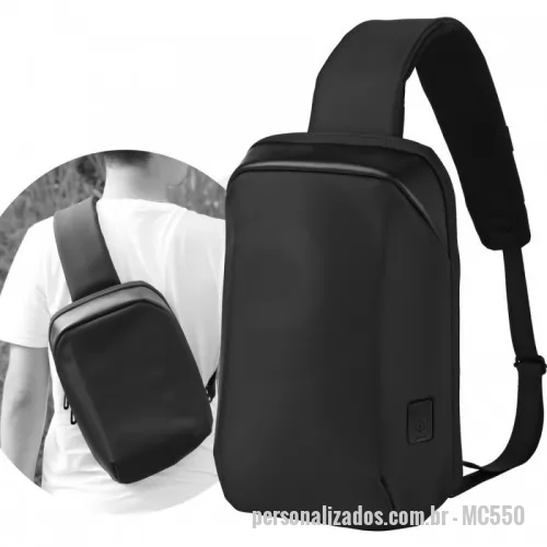 Mochila personalizada - Mochila transversal com bolso interno para guardar seus itens essenciais, feito de tecido de poliéster, alça de ombro esquerdo/ombro direito reversível. Compartimento interno acolchoado para tablet, porta USB na parte inferior frontal.