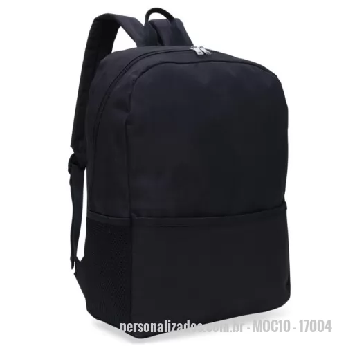 Mochila personalizada - MOCHILA MOC10 - Mochila de poliéster 27 litros com dois compartimentos, sendo o principal com bolso para notebook 156. A mochila possui bolsos laterais em malha e área costada com revestimento espumado. Personalização  com gravação digital colorida