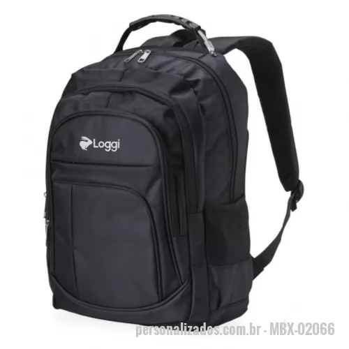 Mochila personalizada - Mochila de Nylon 30 litros com quatro compartimentos, sendo o principal com bolso para notebook 15,6. A mochila possui bolsos laterais em malha, duas alças de mãos e área costada com revestimento espumado. Altura :  49 cm Largura :  39 cm Profundidade :  19 cm