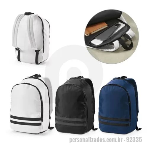 Mochila personalizada - Mochila em 290T poliéster reciclado (100% rPET), em sarja com forro em 210D poliéster reciclado (100% rPET). Contém compartimento posterior com divisória para notebook até 15