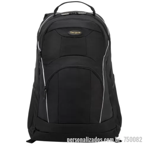 Mochila personalizada - A Mochila Targus Motor foi projetada para notebook com telas de até 16” e possui suporte para caneta, um bolso interno para celular e clipe para porta-chaves.  As alças são acolchoadas e ajustáveis para proporcionar conforto personalizável.  Para maior conveniência, a mochila possui dois compartimentos grandes, um inclui o compartimento para notebook acolchoado com espaço adicional para arquivos, enquanto o outro pode acomodar itens maiores, como cadernos ou livros, inclui também um bolso de malha para armazenar acessórios. Feita de poliéster preto durável, a mochila oferece um toque de cores com destaques amarelos e brancos.
