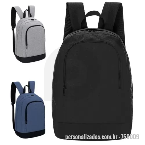 Mochila personalizada - Mochila para notebook em tecido poliéster 300D e interior em 210D.  Parte externa: Bolsos frontal com ziper; Alça de ombro acolchoada; Alça de mão. Parte interna: Compartimento acolchoado p/ notebook de 30x28. Tamanho total do Notebook - 15,6