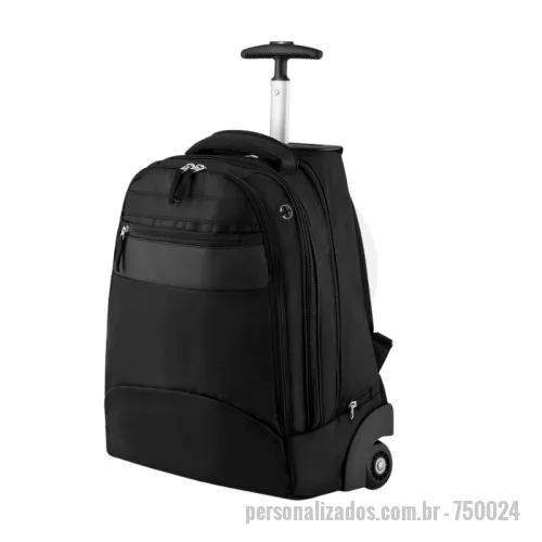 Mochila personalizada - Mochila executiva com rodinha, tecido poliéster 1680D e interior em 210D.  Parte externa: Detalhe em couro sintético, bolso frontal. Alça de mão, bolso traseiro para guardar as alças. Possui extensor de tamanho. Tecido protetor de sujeira das rodinhas. Haste em alumínio.  Parte interna: Bolso interno, porta notebook, porta cartão e canetas. Tamanho total do Notebook - 13¨  Obs.: Não acompanha placa metálica p/ gravação