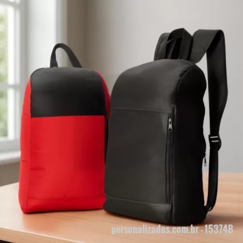 Mochila personalizada - Mochila Personalizada - 15374B - Mochila Poliéster – 14L  Descrição: Mochila confeccionada em poliéster impermeável, com fechamento em zíper e capacidade máxima de 14 litros. Possui bolso frontal com abertura lateral para fácil acesso aos itens do dia a dia, além de alça superior de mão em nylon e duas alças para as costas feitas do mesmo tecido da mochila, garantindo conforto e praticidade no uso diário.  Especificações:  Material: Poliéster impermeável  Capacidade: 14 L  Fechamento: Zíper  Bolsos:  1 bolso frontal com abertura lateral  Alças:  Alça superior de mão em nylon  Duas alças traseiras do mesmo tecido da mochila  Dimensões:  Altura: 44 cm  Largura: 16 cm  Profundidade: 12 cm  Área aproximada para gravação (CxL):  22 cm × 20 cm  Peso aproximado: 225 g - 178427 - Mochila