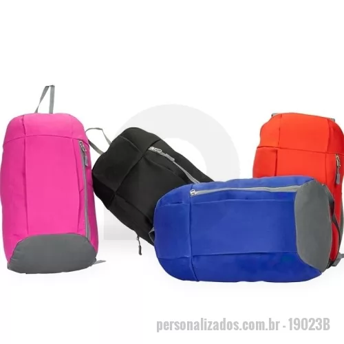 Mochila personalizada - Mochila Personalizada - 19023B - Mochila Poliéster – 9 Litros  Descrição: Mochila confeccionada em poliéster impermeável, com fechamento em zíper e capacidade para até 9 litros. Conta com compartimento interno para melhor organização, bolso frontal com fechamento em zíper, alça superior em nylon e alças traseiras ajustáveis, garantindo conforto e praticidade no uso diário.  Especificações:  Material: Poliéster impermeável  Capacidade: 9 L  Fechamento: Zíper  Compartimentos:  1 compartimento interno  1 bolso frontal com zíper  Alças:  Alça superior em nylon  Alças traseiras ajustáveis  Dimensões:  Altura: 40 cm  Largura: 22 cm  Profundidade: 10 cm  Área aproximada para gravação (CxL):  18 cm × 8 cm  Peso aproximado: 208 g - 178428 - Mochila