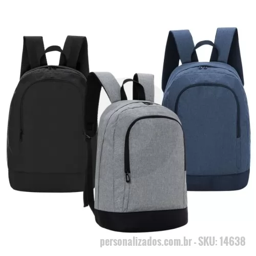 Mochila personalizada - Mochila confeccionada em poliéster com compartimento para notebook até 14 polegadas. Contém bolso frontal com zíper, alça de mão, alça de ombro acolchoada com revestimento antitranspirante e bolso interno acolchoado para notebook de até 14 polegadas.  Altura: 42,5cm Largura: 28,5 cm Profundidade: 15 cm Medidas aproximadas para gravação(CxL): 27 cm x 17 cm Peso aproximado(g): 368