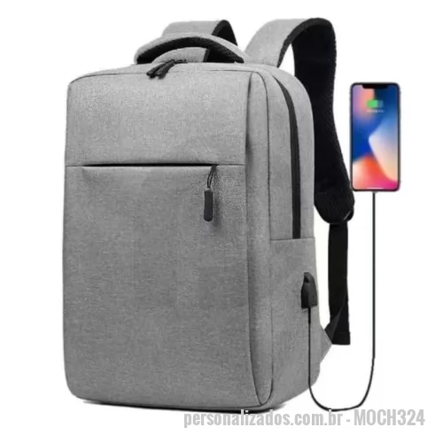 Mochila personalizada - Mochila Personalizada - MOCH324 - Mochila p/ Notebook em tecido poliéster. Parte externa: 2 Bolsos frontais com ziper; 1 Bolso lateral; Alça de mão e ombro acolchoadas, engate para mala de viagem Conector USB externo na lateral. Parte interna: Compartimento acolchoado p/ notebook de 39x27cm; Tamanho total do Notebook - 15,6¨ 2 Porta Objetos; 2 Porta Canetas. - 182355 - Mochila