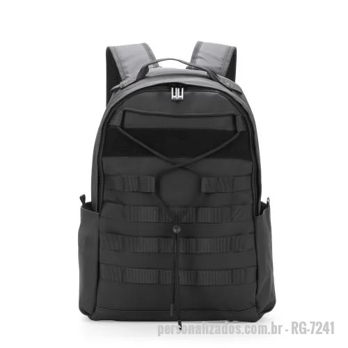 Mochila personalizada - Mochila com capacidade máxima de 18 litros confeccionada em poliéster 900D com revestimento de filme impermeável. Possui compartimento principal com divisória para notebooks de até 15,6 polegadas. Conta com quatro faixas frontais para encaixe de bols