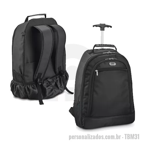 Mochila personalizada - Mochila trolley para notebook. 1680D e 600D.  Com 2 rodas.  Compartimento principal almofadado para notebook 15.6''.  Segundo compartimento forrado e com diversos bolsos.  Bolso frontal com zipper e bolsos laterais com tela.  Com protetor de rodas em poliéster.  Pega extensível em alumínio com mola (altura da pega estendida: 530 mm).  Chapa metálica amovível com ímã para fácil gravação.  Medidas: 350 x 490 x 140 mm | Chapa: 36 x 14 mm