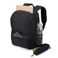 Mochila de nylon de 27 litros com dois compartimentos, sendo um bolso raso para notebook de 15,6 polegadas e bolsos laterais telados. Acompanha estojo de nylon.