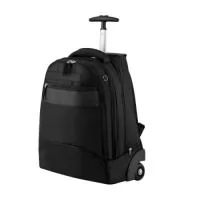 Mochila executiva com rodinha, tecido poliéster 1680D e interior em 210D.  Parte externa: Detalhe em couro sintético, bolso frontal. Alça de mão, bolso traseiro para guardar as alças. Possui extensor de tamanho. Tecido protetor de sujeira das rodinhas. Haste em alumínio.  Parte interna: Bolso interno, porta notebook, porta cartão e canetas. Tamanho total do Notebook - 13¨  Obs.: Não acompanha placa metálica p/ gravação