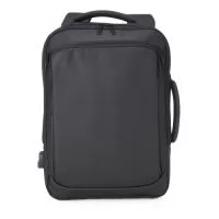 Mochila em couro sintético 22 litros resistente à água com cinco compartimentos, sendo o principal com bolso para notebook 15,6. Com divisórias internas para acessórios, a mochila possui suporte externo usb, alça para encaixe em malas de viagem e duas alças de mãos, sendo uma delas lateral para o transporte da mochila no modo pasta.  Altura: 41 cm Largura: 30 cm Profundidade: 11 cm Medidas aproximadas para gravação(CxL): 23 cm x 31 cm Peso aproximado(g): 730