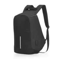 Mochila anti-furto de poliéster. Pensando na segurança do usuário foi confeccionado o compartimento principal na área traseira, impossibilitando a abertura do produto mesmo com a mochila na costa do usuário. Possui dispositivo com entrada USB na parte externa com cabo USB acoplado internamente; permitindo a conexão de um carregador portátil na área interna e a conexão de um eletrônico na área externa, viabilizando a carga e utilização do eletrônico enquanto caminha. Área interna do compartimento principal: bolso para notebook de 15,6 polegadas, bolso para tablet, quatro bolsos para acessórios, possui nas laterais internas sistema de velcro, maximizando a segurança da mochila. Parte frontal com faixa refletiva, alças para as costas ajustáveis revestidas com espuma para um maior conforto sendo uma delas com bolso de zíper, alça para mãos e alça horizontal para encaixe em malas de viagem.  Altura: 28 cm Largura: 24 cm Profundidade: 11 cm Medidas aproximadas para gravação(CxL): 21 cm x 21 