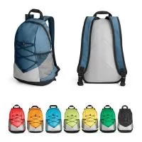 Mochila em 600D, parte externa com elásticos, bolsos laterais em tela e bolso interno, posterior e alças almofadadas, tamanho aproximado 25x42x18 cm.