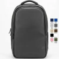 Mochila em couro sintético, com interior aveludado, bolso de segurança e alça para mala de bordo