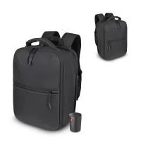 Mochila premium em poliéster 600D com detalhe em PU e interior em poliéster 210D. Conta com compartimento interno a vácuo, acompanha bomba para desinflar, expansor com zíper, compartimento frontal com zíper, compartimento para notebook de até 15,6”, 
